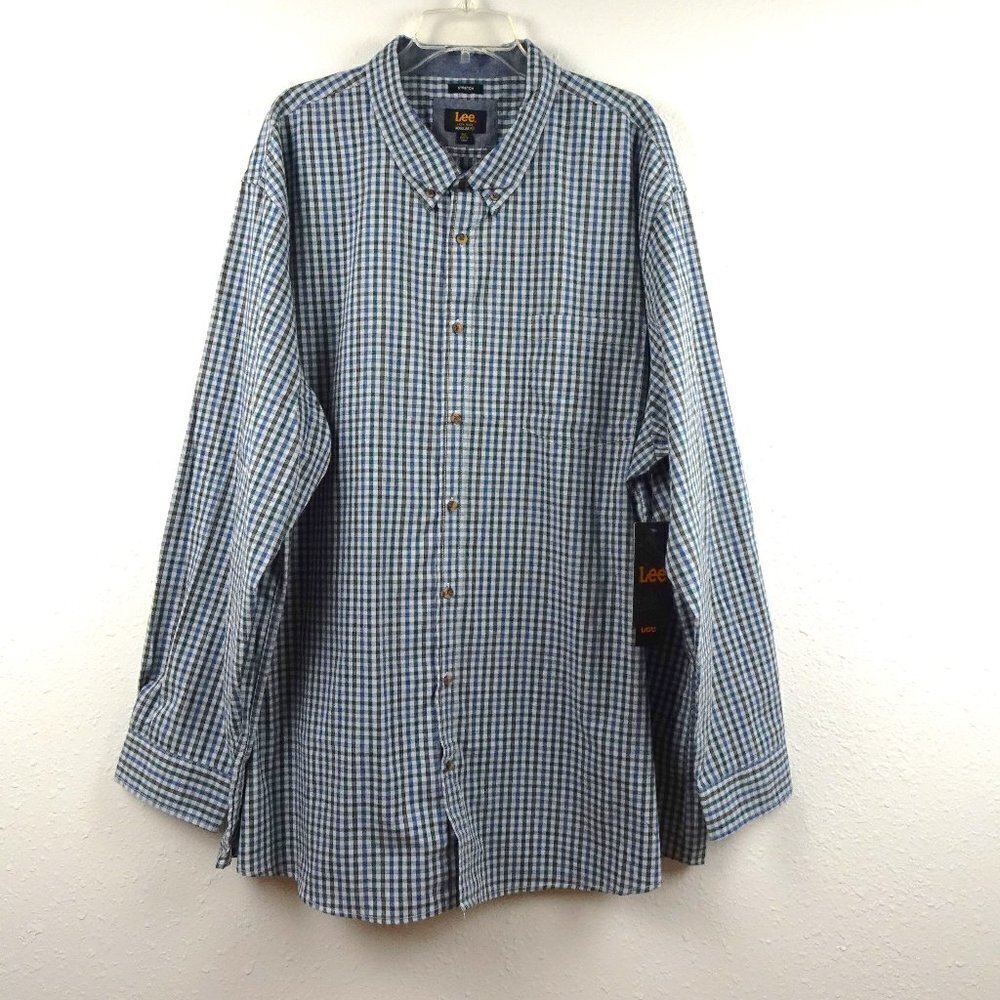 Lee Button Front Shirt Men's Size 3XL Blue Gray Plaid Long Sleeve
